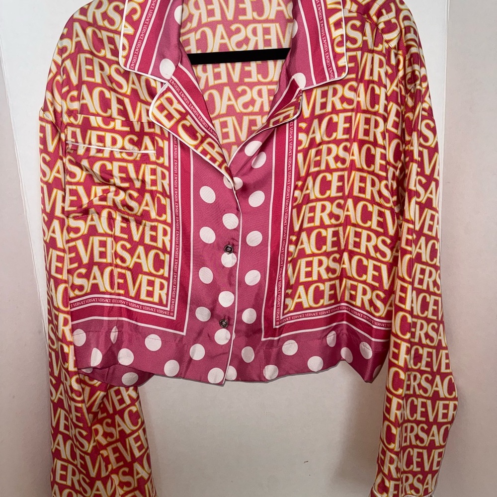 Versace Pink and Yellow Logo Polka Dot Silk Blouse